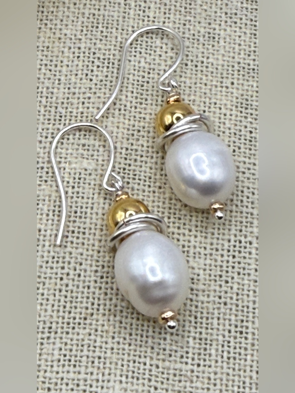 Modern  White Pearl Drop Earrings with Gold & Silver Accents